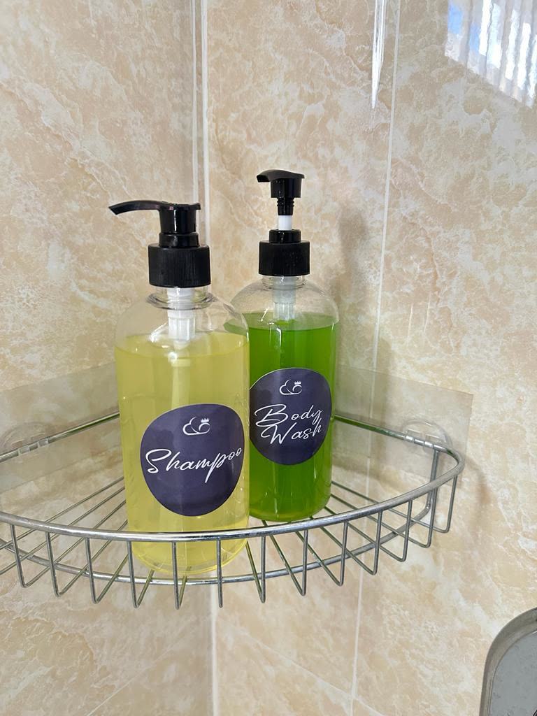 Shampoo and body wash in the shower corner shelf