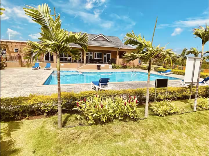 Pool with lounge chairs, palm trees and landscaped gardens